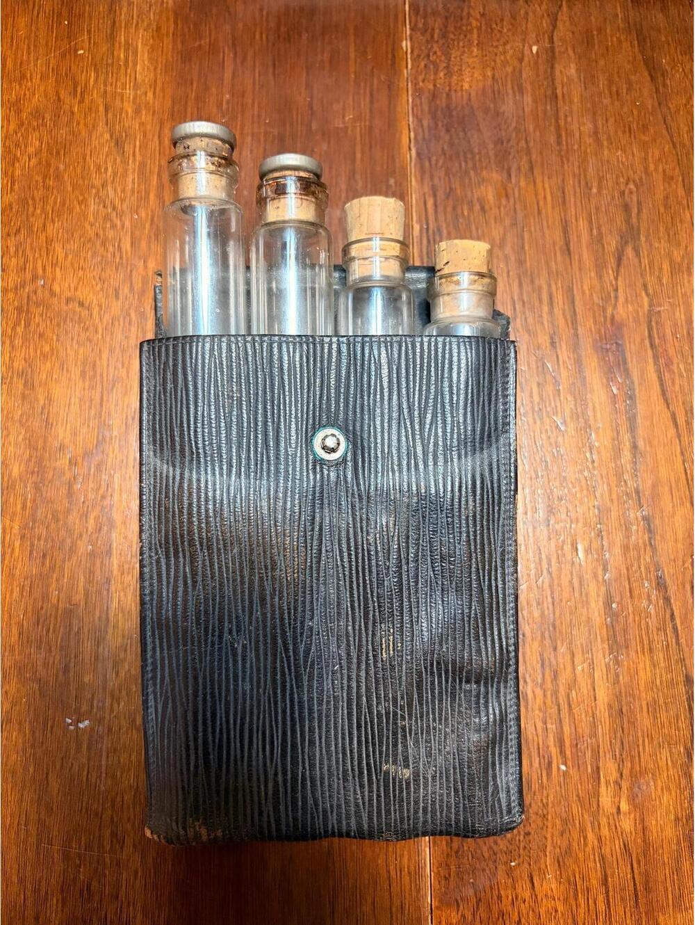 Vintage Glass Vial Travel Case Set | 4 Apothecary Sample Bottles in Leather Case